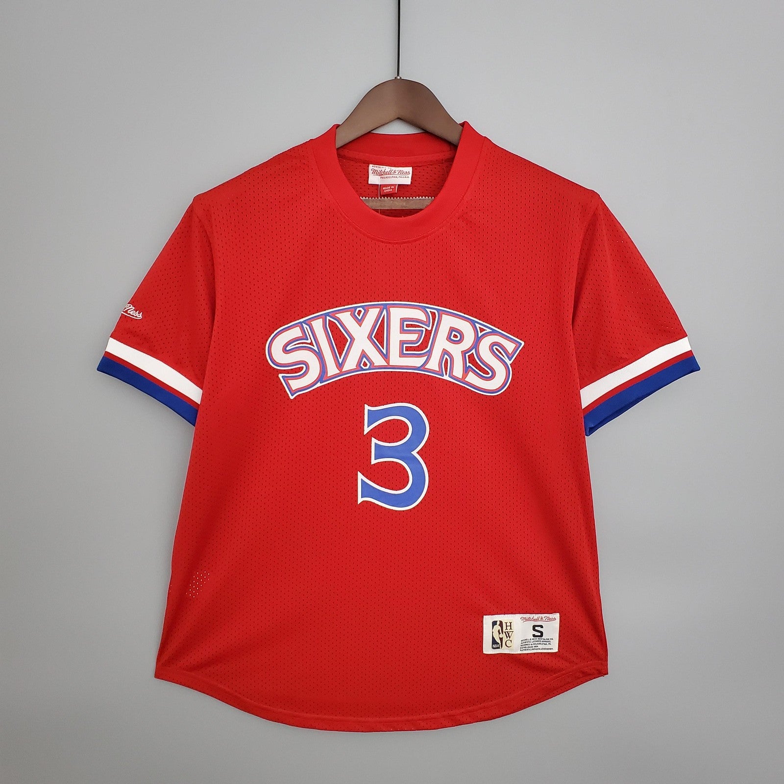 Mitchellness 76ers Red No 3 Iverson Retro Mesh Short Sleeve