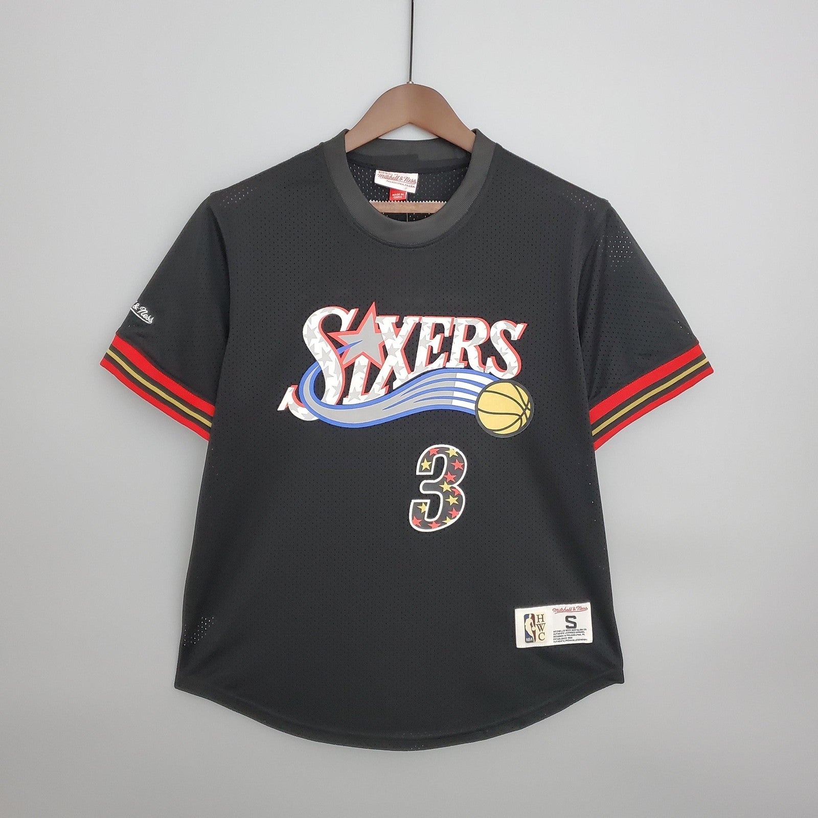 Mitchellness 76ers Black No 3 Iverson Retro Mesh Short Sleeve