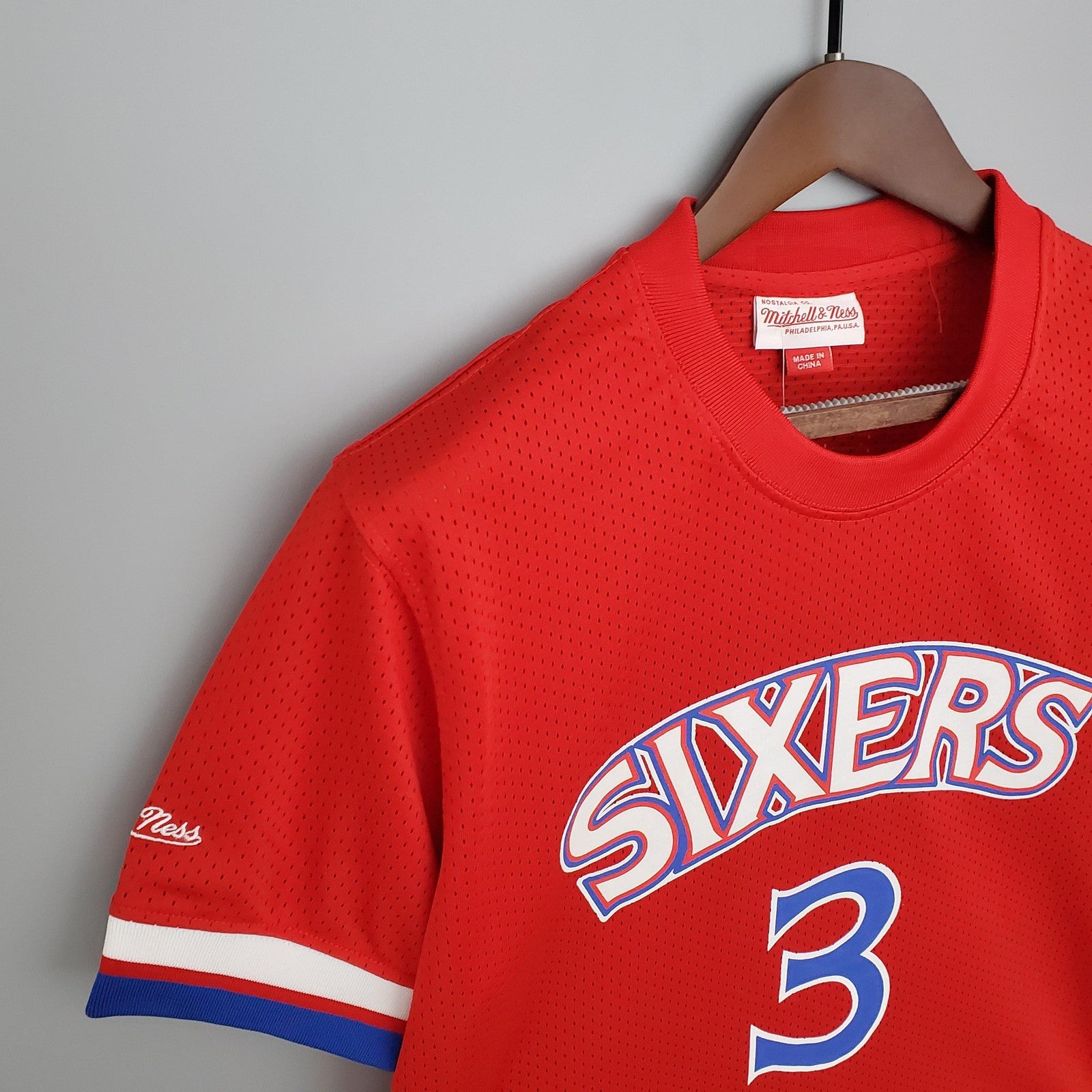 Mitchellness 76ers Red No 3 Iverson Retro Mesh Short Sleeve