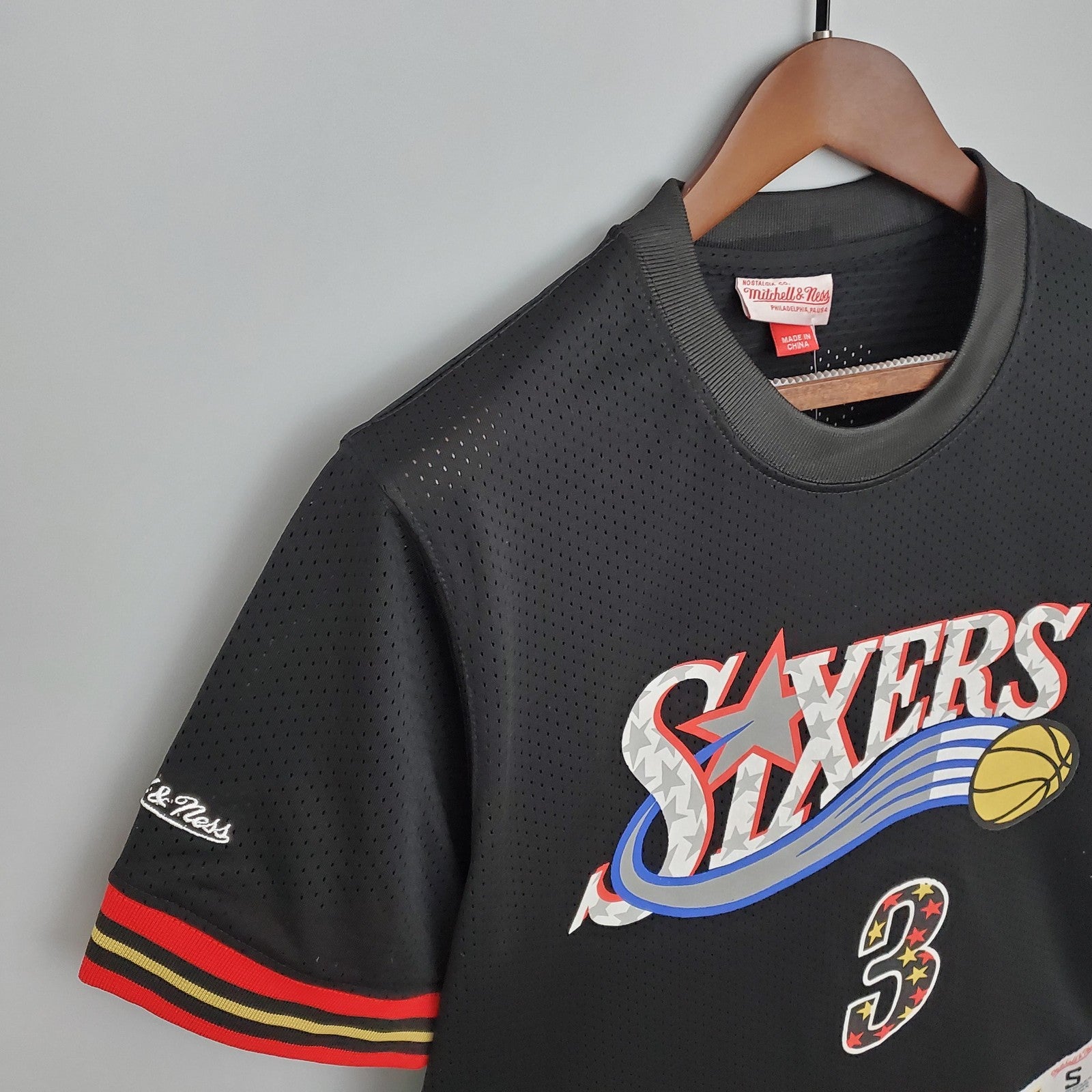 Mitchellness 76ers Black No 3 Iverson Retro Mesh Short Sleeve